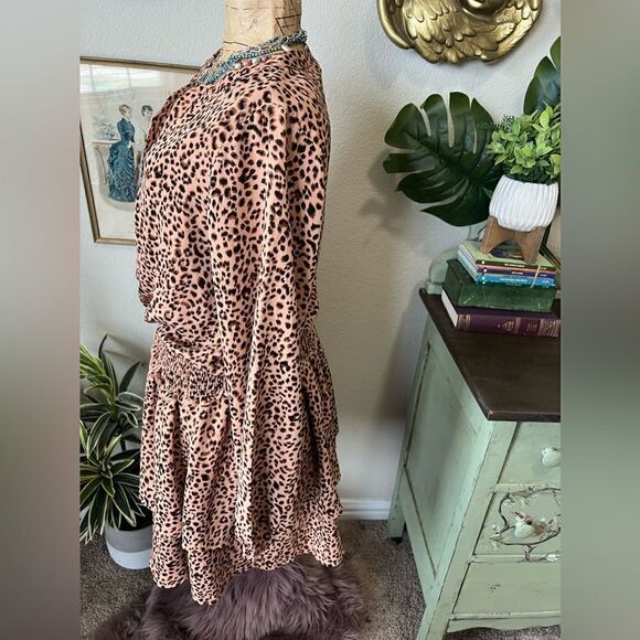 Mittoshop Leopard Cheetah Print Brown Black V Neck Elastic Waist Mini Dress Sz M - Picture 7 of 10